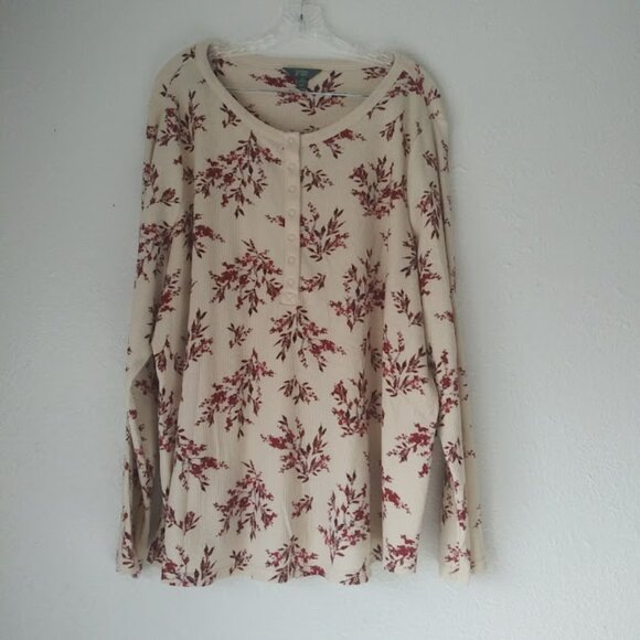 Terra & Sky women's size 4X cream and burgundy floral Waffle Henley Top - Picture 1 of 16